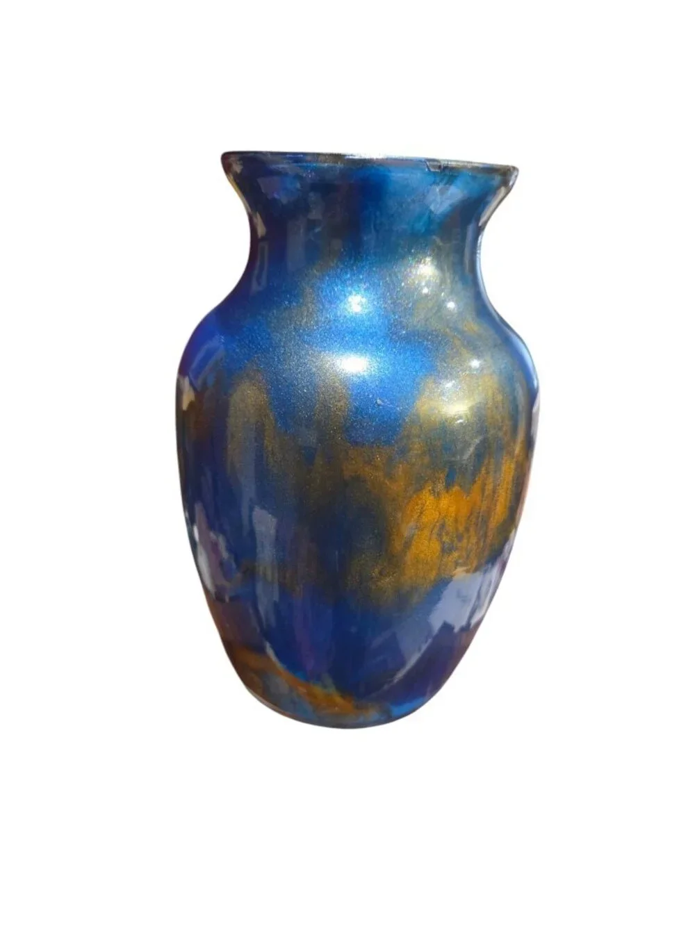 Abstract Fluid Art Glass 7 inch Vase in Metallic Blue Gold Copper, Handmade Art